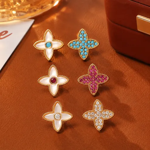 3 Pairs Four Leaf Clover Stud Earrings Set - Asymmetric Mother of Pearl, Turquoise and Crystal Mismatched Earrings, Multi-Color Lucky Charm Jewellery for Women