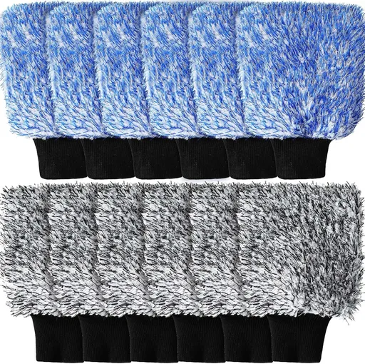 12 Pcs Microfiber Car Wash Mitts, Scratch Free Ultra Absorbent Sponge Glove Cleaner Mitts for Wheel Trucks Home Cleaning (Black and White,Blue White) -