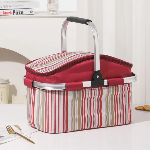 Red and Colored Stripes Large 27L Foldable Insulated Picnic Basket Cooler Bag - Lightweight Thermal Hamper with Aluminum Handles for Outdoor, Shopping & Camping