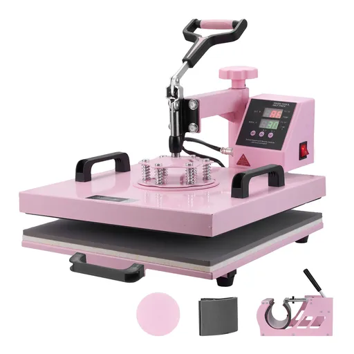 Heat Press Machine, 15 x 15 inch, 5 in 1 Heat Transfer Machine with 30 oz Tumbler Press, 360° Swing Away T-Shirt Pressing, Digital Precise Control, for T-Shirts/Mugs/Hats/Plates, Pink