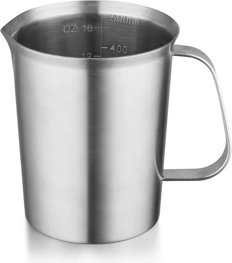 Measuring Cup with Pouring Spout - Measuring Cups with Scale - 500 ML - Small Measuring Cups - Measuring Cups - Measuring Beaker - Cups - Measuring Jug - Measuring Cup - 304 Stainless Steel - 9 x 9.5 x 11 Cm (L x W x H) - Silver - For Precise Weighin