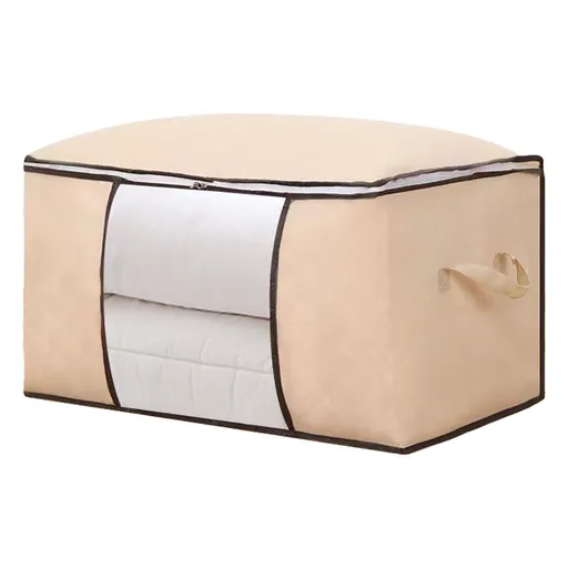 Clothes Storage Bags Fabric Foldable Blanket Storage Container Closet Organizer with Clear Window Reinforced Handle for Clothing Bedding 4PCS Beige