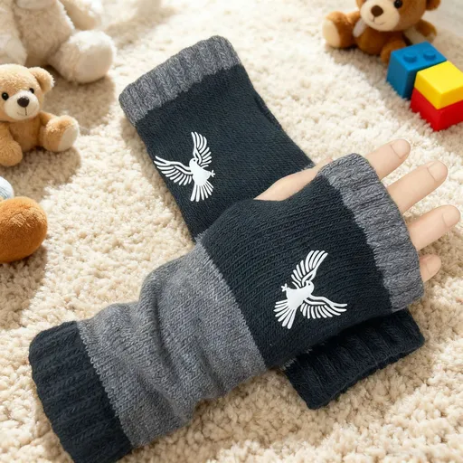Warm Fashion Spliced Knit Half‑Finger Gloves Hand Protection Work Daily Accessory 2 Pcs Eagle Cyan Pattern Great Christmas Present