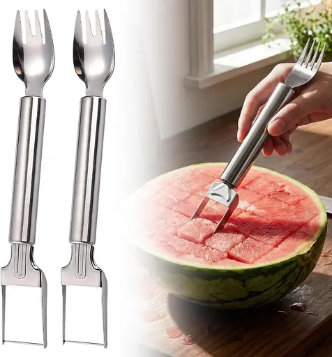 2-in-1 Stainless Steel Fruit Cutter, Upgraded Watermelon Slicer Tool, Portable Fruit Forks for Home, Kitchen and Camping (2 Pcs)
