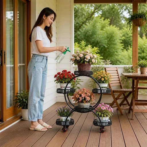 6 Pot Plant Stand with Wheels 4 Tier Rolling Plant Shelf Flower Display Rack Black