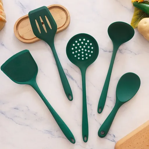 5-Piece Silicone Kitchen Utensil Set | Spatula, Spoon, Ladle & Slotted Spoon | Heat-Resistant Cooking Tools for Non-Stick Pans | Red or Green Kitchen Gadgets for Home Cooking