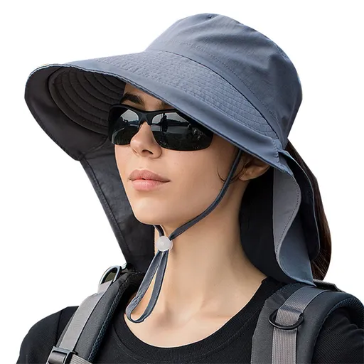Women's and Men's Sun Hat - Foldable Garden Hat - Wide Brim with Neck Flap - With Chin Strap - For Outdoor Activities and Gardening - Dark Grey - 1 Piece