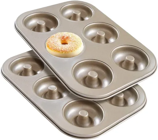 Donut Pan Non-Stick 6-Cavity Bakeware Carbon Steel Cake Baking Mold Mini-Sized Donuts Biscuit Bagels (Champagne Gold 2pes)