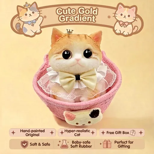 Fat Cat Squishy Toy, Lifelike Cat Plush Doll, Original Hand-Painted Design, (Kitten + Accessories + Cat Bed)/Lovely golden gradient