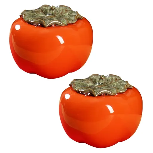 Set of 2 Persimmon Ceramic Jars with Lids, Airtight Tea Storage Containers and Sugar Bowls, Decorative Household Figurines