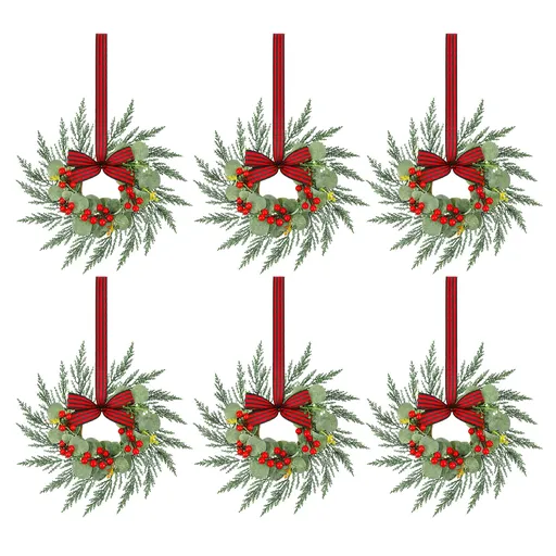Christmas Wreaths 26cm Pre-lit with Red Berries and Bow Set of 6
