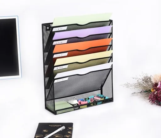 6 Tier Desktop File Organiser, Wall Mount Magazine Rack, Mesh Desk Organizer, Vertical Hanging Document Tray for Stationery, Mail, Paper and Letter Envelope, Book Holder