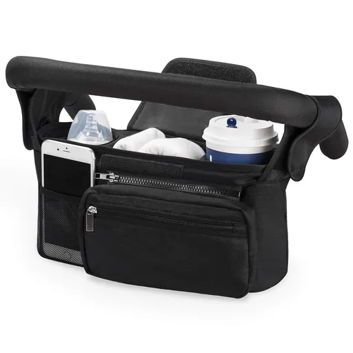 Universal Stroller Organizer with Insulated Cup Holder, Detachable Phone Bag, Shoulder Strap – Fits All Stroller Types, Keeps Drinks Hot/Cold (Black)
