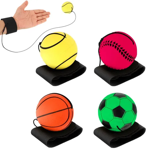 4 Pieces Wrist Return Ball, 2 Inch Rubber Rebound Ball On A String Sports Wrist Ball Includes Basketball, Baseball and Football
