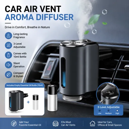 Grey Car Vent Air Freshener Diffuser (Includes a 10ml empty essential oil bottle) 3-Speed Adjustable Aroma Atomiser – Compact Aluminum Alloy USB Essential Oil Car Fragrance Clip