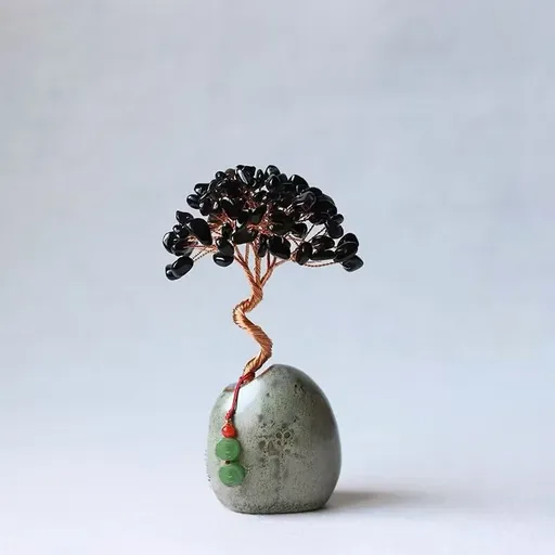 Black Obsidian Natural Crystal Wealth Tree - 12cm Feng Shui Decor, Elegant Office Desk Ornament