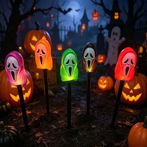 Halloween Solar Ground Stake Lights Screaming Ghost Face 5 Pack Black Tube