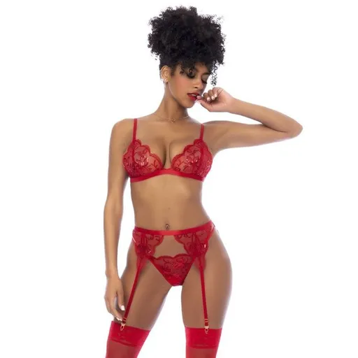 Red 3 Pc Set w/ Bralette Garter Belt and Thong