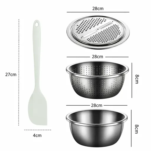Home Salad Preparation Kit-Multifunctional Stainless Steel Vegetable Grater Bowl Set and Silicone Spatula - 28cm Kitchen Prep Tool for Slicing, Shredding, Washing and Mixing