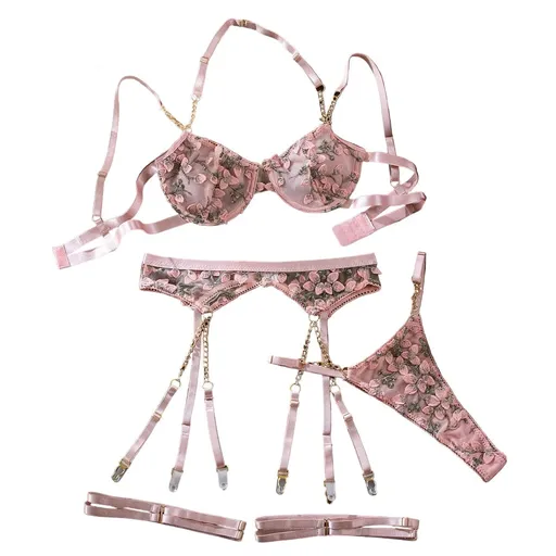 House Of Dasein Embroidered Floral Sheer Sexy Chain Bra Set - Pink - L