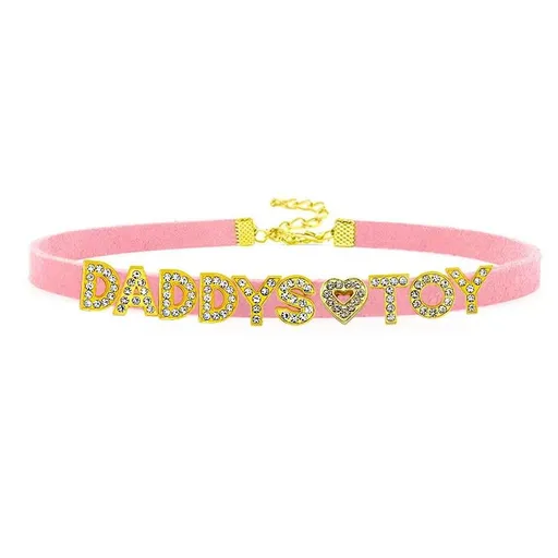 House Of Dasein Sexy Gold Color Letters Daddys Toy Choker Collar Necklace Men Women Ddlg Role Age Play Suede Leather Chocker Cosplay Jewelry - Pink - 40Cm Plus 7Cm - Daddys Toy