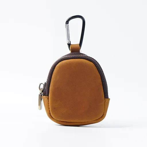 Brown Genuine Crazy Horse Leather Mini Coin Purse Zipper Shell Pouch Small Earphone Case Key Holder with Carabiner Clip 8.5cm for Travel