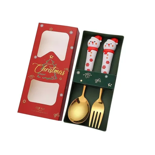 Holiday Character Stainless Steel Spoon Fork Kit, 2Pcs Large Golden Cutlery Style E, Great for Home Xmas Feast Decoration and Friends Festival Presents