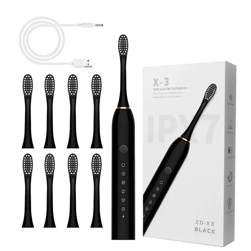 Sonic Electric Toothbrush Black 8-Brush-Head Set - 6 Cleaning Modes, USB Rechargeable, DuPont Soft Bristles, Travel Friendly Oral Care Set