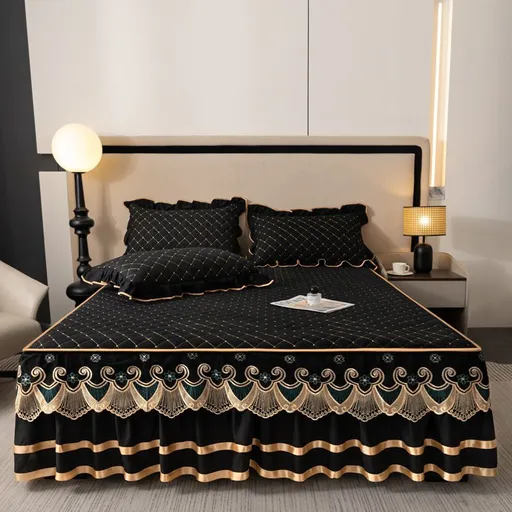 Black and Gold European Soft Brushed Quilted Bed Skirt + 2 Pillowcases Set - Breathable Padded 150 x 200CM Mattress Cover with Lace Trim and 45CM Elevated Valance, All Season Dust Protection