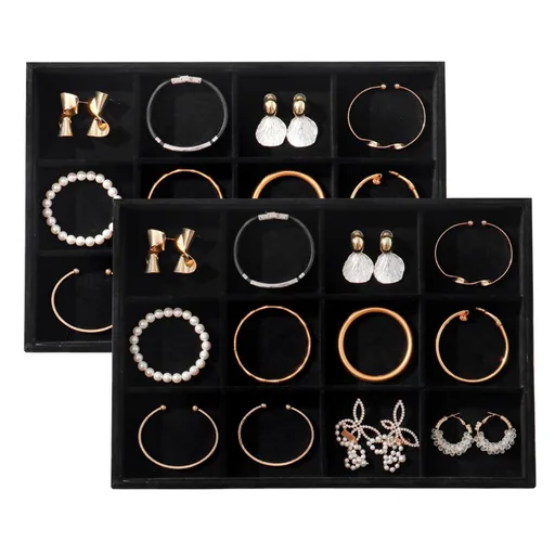 Large Velvet Jewelry Tray Display Drawer Inserts 2 Pack Stackable Jewelry Organizer for Earring Bracelet Necklace Ring 12 Grids - Black - Size 12 Grids