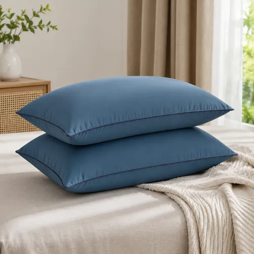 2 Pack Navy Blue High Bed Pillows with Washable Zip Cover Set (48 x 74 cm) - Soft Brushed Fabric, Plush Fibre Fill, Fast Rebound Support & Structured Piped Edges for Home Hotels Apartments