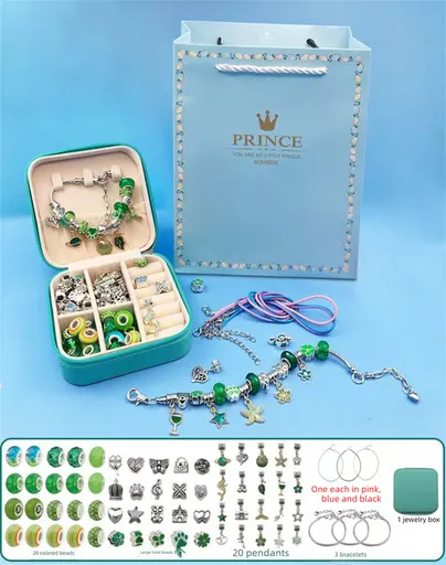 66-Piece Green Gift Bag Craft Set (Includes Beads, Charms, and Storage Case) -Unicorn DIY Bracelet Kit – Creative Jewelry Making Gift for Girls Ages 3+