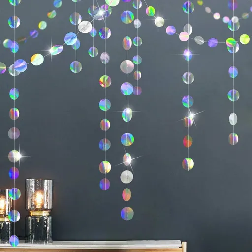 4-Pack Iridescent Circle Garlands, Holographic Party Decorations for Birthday, Wedding, Disco Theme, Graduation, New Year's Eve, Bachelorette Party Supplies (Colour)