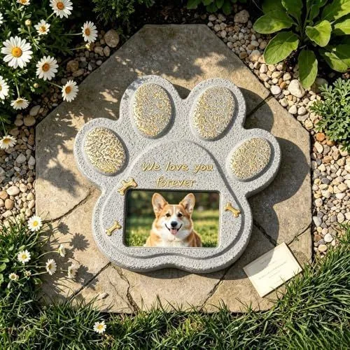 Pet Memorial Headstone for Dog Cat Resin Cement Pet Grave Marker with Photo Frame Paw Print Heart Tombstone Customizable Picture Slot Pet Memorial Plaque for Outdoor Garden Backyard - Gray - Size 15*15cm