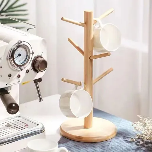 Wood Mug Tree Stand for Coffee Cups, Countertop Cup Holder Organizer, Kitchen Storage Rack with Hooks, Space Saving Display for Mugs Glasses Bottles, Drying Rack, Home Decor Accessory