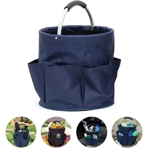 Premium Blue Gardening Storage Bag made of durable 600D Oxford cloth, features 6 deep side pockets for small hand tools, spray bottles, beverages, and more. Equipped with an aluminum alloy handle wrapped in EVA molding for enhanced comfort and longev