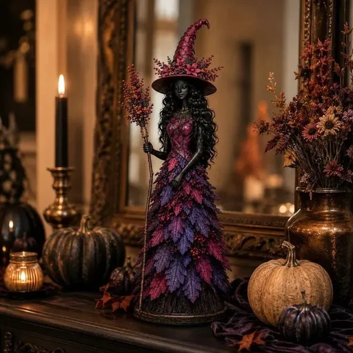 Magical Autumn Witch Resin Statue Unique Artistic Design 6.5 x 6.5 x 17cm Purple
