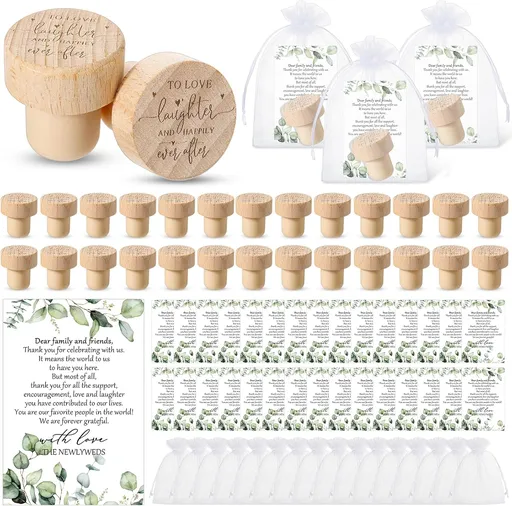 50 Sets Wedding Favors for Guests Bulk Engraved Wood Wine Bottle Corks Wine Stopper with Wedding Thank You Cards and Organza Bags Appreciation Gifts for Guest Thank You Gifts(Novelty)