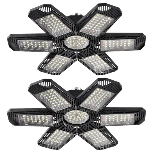 2 pc Garage Lights,Deformable Garage Ceiling Light with Multi-Position Panels, Shop Light for Garage, High Bay Light Support Socket