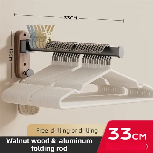 33CM Moisture Aluminum Folding Towel Rack Integrated Bottom Hook - 90° Folding Black Walnut Grain Wall-Mounted Drying Rod and Organize