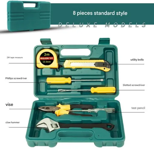 Green 8 Piece Set -Multi-Purpose Home & Car Tool Kit - Durable Blow-Molded Case, Utility Knife, Tape Measure, Pliers, Hammer, Screwdrivers, Allen Keys - Compact Emergency Repair Set for DIY and Auto Maintenance