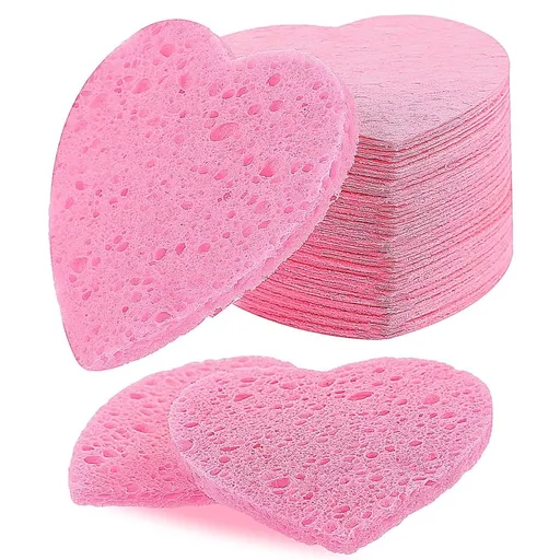 50 Pcs Compressed Cellulose Heart Shape Face Facial Sponges Natural Cosmetic Sponges for Facial Cleansing Exfoliating Mask Skin Massage, Pink