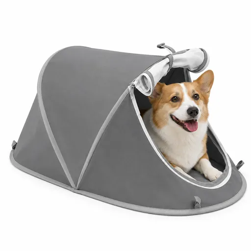 Foldable Portable Pet Tent – Breathable Oxford Fabric Puppy & Kitten House for Indoor Rest and Outdoor Camping, Equipped with Mesh Door and Ground Stakes for Picnic and Travel (Grey)