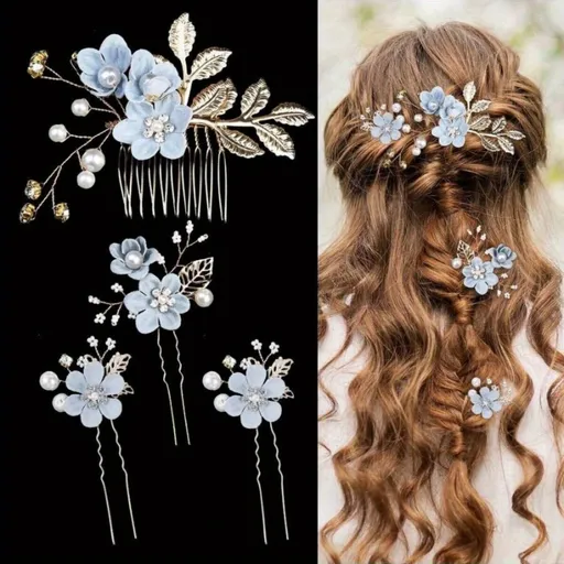 BLUE 4-Piece Elegant Light Luxury Pearl Flower Hair Accessories Set, Bridal Wedding Hairpin and Hairpin Headdress Set, Bridesmaid Gift Banquet Ornament Set for Women's Hairpin