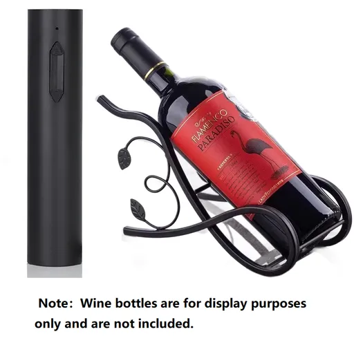 Black Electric Wine Opener and Black Decorative Iron Wine Rack Set - Rechargeable Automatic Corkscrew , Elegant Leaf Design Bottle Holder, USB-C Fast Opening Kit for Home Bar Dining Table Gift
