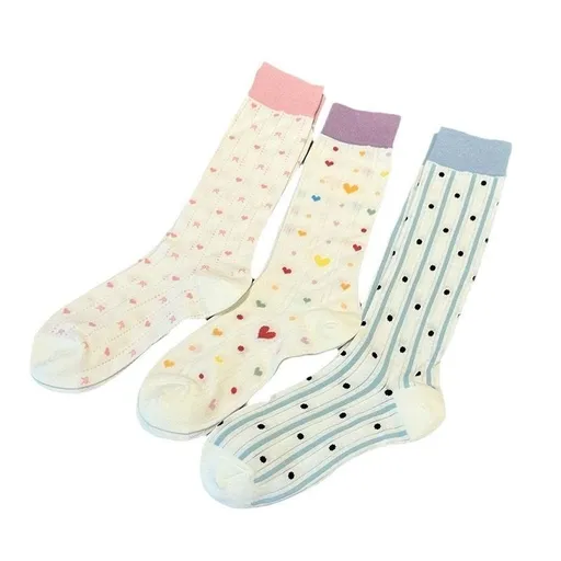 3 Pairs Womens Cute Dots Casual Crew Socks for Summer Spring Autumn Novelty Fun Striped Cotton Dress Socks