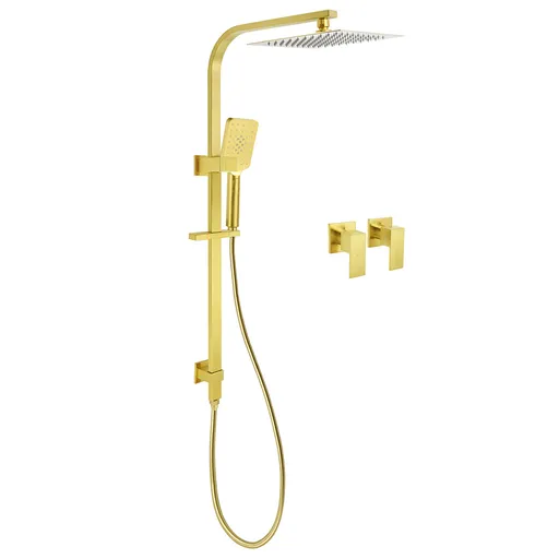 WELS Brushed Gold Square Shower 10" Thin Rain Head Handheld Silde Rail Arm 2in1 Taps Set
