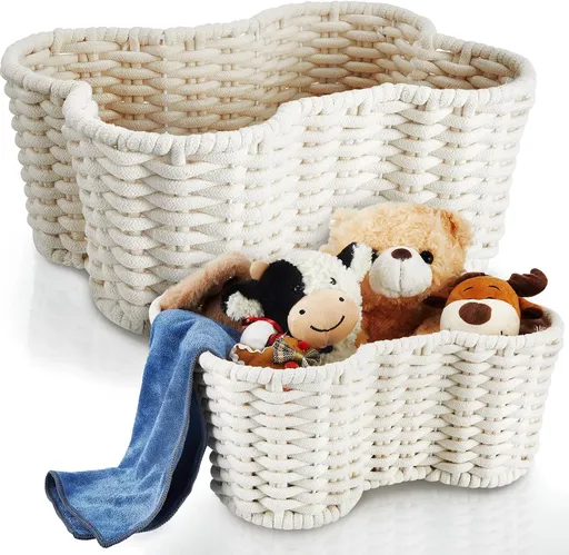 2 Pcs Dog Toy Basket Dog Toy Bin Bone Shaped Handmade Pet Organizer for Pet White Cotton Rope Basket (16.5 x 12.4 x 6.89 and 13.39 x 9.25 x 5.4)