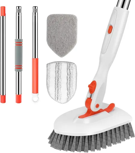 3-in-1 Tile and Tub Scrubber with Long Handle and 3 Detachable Replacement Brush Heads, Adjustable Angle Cleaning Tool, Orange