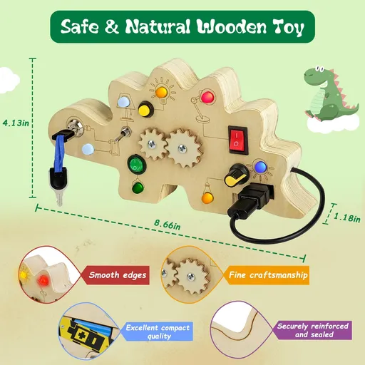 Toddler Busy Board, Montessori Toys for 1-3 + Year Old Baby, Wooden Busy Board with Led Light, Dinosaur Toddler Toys Sensory Toys